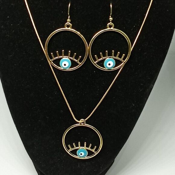 Green Evil Eye Gold Plated Alloy Jewelry set - Picture 4 of 5